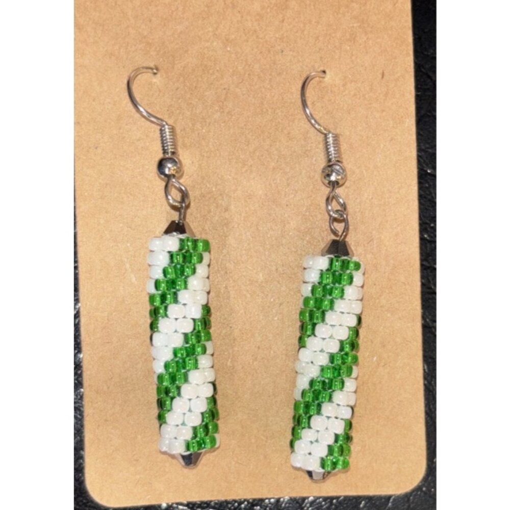Peyote Spiral Tube Earrings Green White